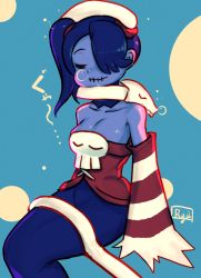 Rule 34 | 1girl, blue background, blue hair, blue skin, collarbone, colored skin, detached collar, detached sleeves, dress, closed eyes, highres, leviathan (skullgirls), ryuji (red-truth), side ponytail, sitting, skullgirls, sleeping, smile, snot bubble, solo, squigly (skullgirls), striped sleeves, zombie