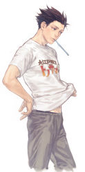 Rule 34 | 1boy, a k i, ace attorney, alternate costume, black hair, blue eyes, brown hair, capcom, casual, clothes writing, hand on own hip, hip focus, male focus, navel, pants, phoenix wright, shirt, simple background, solo, spiked hair, t-shirt, text focus, toothbrush, translation request