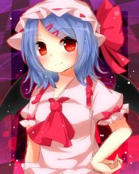 Rule 34 | 1girl, ascot, bat wings, blue hair, checkered background, female focus, hair ornament, hairpin, hand on own hip, hat, red eyes, remilia scarlet, short hair, smile, solo, touhou, upper body, wings, yuria (kittyluv)