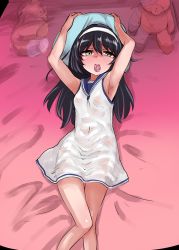 Rule 34 | 10s, 1girl, aomushi (mushamusha), armpits, arms up, bandages, bandaid, bed, black hair, blush, boko (girls und panzer), brown eyes, casual, closed mouth, condom, condom in mouth, dress, female focus, from above, girls und panzer, hairband, highres, long hair, looking at viewer, lying, mouth hold, on back, pillow, reizei mako, sailor dress, see-through, short dress, sleeveless, sleeveless dress, solo, stuffed animal, stuffed toy, teddy bear, white dress, white hairband