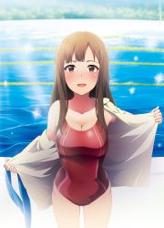 Rule 34 | 1girl, breasts, brown eyes, brown hair, cleavage, competition swimsuit, cowboy shot, highres, idolmaster, idolmaster cinderella girls, kabayaki unagi, lane line, large breasts, long hair, looking at viewer, mizumoto yukari, one-piece swimsuit, open clothes, open mouth, open shirt, pool, shirt, smile, solo, sparkle, swimsuit