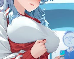 Rule 34 | 1boy, 1girl, ako (blue archive), doodle sensei (blue archive), blew andwhite, blue archive, blue sky, blush, breasts, cellphone, close-up, cloud, commentary request, day, grey hair, gym uniform, hairband, head out of frame, highres, holding, holding phone, jacket, large breasts, long sleeves, medium hair, multicolored clothes, multicolored jacket, outdoors, phone, red hairband, red jacket, sensei (blue archive), signature, sky, track jacket, translation request, two-tone jacket, wavy mouth, whistle, whistle around neck, white jacket