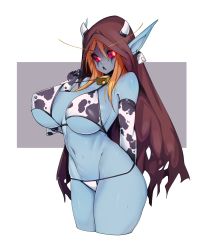 Rule 34 | 1girl, absurdres, animal print, bell, bikini, blue skin, breasts, colored sclera, colored skin, commentary, cow print, ear tag, elbow gloves, elf, english commentary, gloves, hair between eyes, hand up, highres, horns, large breasts, looking at viewer, navel, orange hair, pointy ears, red eyes, red sclera, slugbox, solo, sweat, swimsuit, sylvanas windrunner, thighs, warcraft, white bikini, world of warcraft