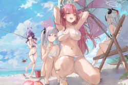 Rule 34 | 4girls, adjusting hair, alternate costume, alternate hairstyle, armpits, arms behind head, arms up, aru (blue archive), ball, bare back, bare shoulders, barefoot, beach, beach umbrella, beachball, bikini, black hair, blue archive, blue sky, blush, breasts, cleavage, commentary request, crab, dema hmw, demon girl, demon horns, feet, front-tie bikini top, front-tie top, grey hair, hair between eyes, hair ornament, hairband, halo, haruka (blue archive), horns, kayoko (blue archive), large breasts, legs, long hair, looking at viewer, medium breasts, multicolored hair, multiple girls, mutsuki (blue archive), navel, ocean, open mouth, outdoors, petite, pink hair, problem solver 68 (blue archive), purple eyes, purple hair, red eyes, revision, sandals, shore, sideboob, sky, small breasts, smile, spaghetti strap, squatting, stomach, swimsuit, thighs, toenails, toes, twintails, two-tone hair, umbrella, underboob, untied bikini, untying, very long hair, white bikini, white hair, yellow eyes