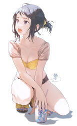 Rule 34 | 1girl, black hair, breasts, can, cleavage, drink can, drinking straw, full body, grey eyes, highres, looking to the side, medium breasts, nail polish, okeno kamoku, open mouth, original, sandals, shadow, short hair, short ponytail, signature, soda can, solo, squatting, swimsuit, toenail polish, toenails, white background