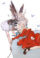 Rule 34 | 2girls, bad id, bad pixiv id, bent over, black wings, blonde hair, bow, bug, butterfly, closed eyes, doll joints, dress, feathered wings, fumiyomogi, headdress, highres, holding, holding own hair, insect, joints, kiss, long hair, multiple girls, red dress, ribbon, rozen maiden, shinku, silver hair, simple background, sitting, skirt, standing, suigintou, thorns, upside-down kiss, white background, wings, yuri