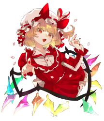 Rule 34 | 1girl, back bow, belt, blonde hair, blouse, blunt bangs, bow, buttons, chamaruk, collared shirt, commentary request, crystal, dress, eyelashes, fang, fingernails, flandre scarlet, grey hat, grey ribbon, grey shirt, hat, hat ribbon, highres, jewelry, juliet sleeves, long fingernails, long sleeves, looking at viewer, mob cap, multicolored wings, nail polish, one side up, open mouth, petals, pointing, puffy sleeves, red dress, red eyes, red nails, red ribbon, ribbon, ribbon-trimmed headwear, ribbon trim, shirt, short hair, simple background, smile, solo, tongue, touhou, upper body, white background, white belt, white bow, wings