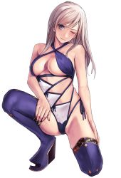 Rule 34 | 1girl, applekun, blue eyes, blue one-piece swimsuit, blue thighhighs, blush, boots, breasts, cleavage, criss-cross halter, fate/grand order, fate (series), hair down, halterneck, high heel boots, high heels, highleg, highleg swimsuit, highres, kneeling, large breasts, long hair, looking at viewer, miyamoto musashi (fate), miyamoto musashi (fate/grand order), miyamoto musashi (swimsuit berserker) (fate), miyamoto musashi (swimsuit berserker) (third ascension) (fate), on one knee, one-piece swimsuit, one eye closed, pink hair, platform boots, platform footwear, smile, solo, swept bangs, swimsuit, thigh boots, thighhighs, thighs, two-tone swimsuit, wedge heels, white one-piece swimsuit