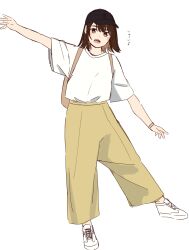 Rule 34 | 1girl, :d, backpack, bag, baseball cap, black hat, blush, brown eyes, brown hair, brown pants, commentary request, full body, hat, highres, kapatarou, looking at viewer, open mouth, original, outstretched arm, pants, shoes, short sleeves, simple background, smile, solo, translation request, white background, white footwear, wide sleeves