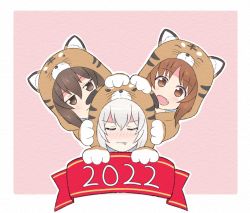 Rule 34 | 2022, 3girls, :d, :|, animal costume, animal hood, animal print, blush, border, brown eyes, brown hair, chinese zodiac, closed eyes, closed mouth, commentary, fang, girls und panzer, half-closed eyes, hands on another&#039;s head, hood, hood up, iteza (flapper girl 25), itsumi erika, looking at viewer, medium hair, multiple girls, new year, nishizumi maho, nishizumi miho, open mouth, outline, pink background, short hair, siblings, silver hair, sisters, smile, texture, tiger costume, tiger hood, tiger print, white border, white outline, year of the tiger