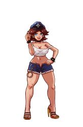 Rule 34 | 1girl, blue eyes, bracelet, breasts, brown hair, capcom, cleavage, cosplay, covered erect nipples, cuffs, darji, earrings, final fight, flower earrings, full body, grin, hand on own hip, handcuffs, hat, high heels, highres, jewelry, large breasts, legs, looking away, mario (series), midriff, nail polish, navel, nintendo, poison (final fight), poison (final fight) (cosplay), princess daisy, shiny skin, shorts, smile, solo, spiked bracelet, spikes, standing, street fighter, street fighter iv (series), super mario land, toenail polish, toenails, tomboy