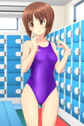 Rule 34 | 1girl, absurdres, asics, bench, blurry, breasts, brown eyes, brown hair, competition swimsuit, cowboy shot, depth of field, girls und panzer, gluteal fold, highres, indoors, locker, locker room, logo, looking to the side, nishizumi miho, one-piece swimsuit, parted lips, purple one-piece swimsuit, short hair, small breasts, solo, standing, swimsuit, takafumi
