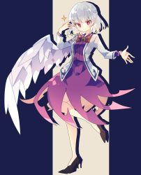 Rule 34 | 1girl, :|, bow, bowtie, brooch, brown footwear, closed mouth, commentary, full body, high heels, highres, jacket, jewelry, kishin sagume, knee up, long sleeves, looking at viewer, nikorashi-ka, purple shirt, purple skirt, red bow, red eyes, shirt, short hair, single wing, skirt, solo, standing, standing on one leg, star (symbol), touhou, white hair, white jacket, white wings, wings