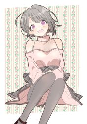 Rule 34 | 1girl, absurdres, artist name, artist request, back bow, bare shoulders, black bow, black footwear, blush, bow, breasts, brown hair, choker, cleavage, collarbone, dress, female focus, floating hair, flower print, grey hair, grey legwear, high heels, highres, invisible chair, light brown hair, long sleeves, looking at viewer, love live!, love live! nijigasaki high school idol club, love live! school idol festival, miniskirt, nakasu kasumi, parted lips, pink dress, pink eyes, pink skirt, plaid, plaid dress, plaid skirt, pleated, pleated dress, pleated skirt, purple eyes, qu4rtz (love live!), shoes, short hair, sitting, skirt, small breasts, smile, solo, wavy hair, white choker, white detached collar, white wrist cuffs, wrist cuffs