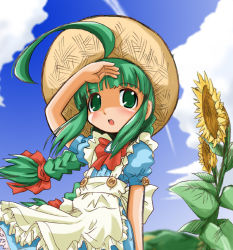 Rule 34 | 1girl, :o, ahoge, apron, back bow, blunt ends, blush, bow, braid, buttons, cloud, flower, frilled apron, frills, green eyes, green hair, hair ribbon, hand up, hat, long hair, me-tan, neck ribbon, open mouth, os-tan, outdoors, puffy short sleeves, puffy sleeves, ribbon, shaded face, shading eyes, short sleeves, sky, solo, straw hat, summer, sun hat, sunflower, tachikawa, twin braids, very long hair, wind