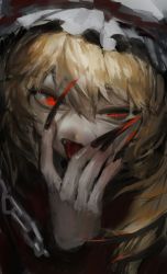 Rule 34 | 1girl, black nails, blonde hair, chain, commentary request, cuffs, dark, fingernails, flandre scarlet, frilled hat, frills, glowing, glowing eyes, hair between eyes, hand up, hands on own face, hat, hat ribbon, hatena (nazequestion), head tilt, highres, licking, licking finger, looking at viewer, medium hair, mob cap, nail polish, one side up, open mouth, portrait, red eyes, red nails, red ribbon, ribbon, shackles, sharp fingernails, side ponytail, solo, tongue, tongue out, touhou, very long fingernails