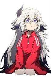 Rule 34 | 1girl, blue eyes, closed mouth, echidna (player who returned 10000 years later), horns, long hair, one horn, player who returned 10000 years later, purple eyes, red sweater, simple background, sitting, sweater, two-tone eyes, very long hair, white background, white hair