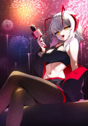 Rule 34 | 1girl, :d, absurdres, aerial fireworks, ahoge, antennae, arknights, bare shoulders, black jacket, black shirt, black shorts, breasts, brown pantyhose, crop top, crossed legs, fireworks, fishnet pantyhose, fishnets, highres, holding, horns, jacket, large breasts, long sleeves, looking at viewer, medium hair, microphone, midriff, multicolored hair, navel, off shoulder, open clothes, open jacket, open mouth, orange eyes, pantyhose, revealing clothes, sbgu, shirt, short shorts, shorts, sitting, sleeveless, sleeveless shirt, smile, solo, stomach, streaked hair, w (arknights), white hair
