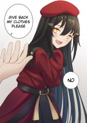 Rule 34 | 1girl, :d, act (xadachit), beret, black hair, blush, borrowed clothes, coat, commentary, dandelion (girls&#039; frontline), dress, english text, girls&#039; frontline, griffin &amp; kryuger military uniform, hair between eyes, hat, highres, long hair, open mouth, oversized clothes, red dress, red headwear, sidelocks, simple background, smile, solo focus, speech bubble, yellow eyes