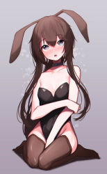 Rule 34 | 1girl, absurdres, amiya (arknights), animal ears, arknights, beudelb, black leotard, black thighhighs, blue collar, blush, breasts, brown hair, collar, commentary, fake animal ears, full body, grey eyes, greyscale, highres, korean commentary, leotard, long hair, looking at viewer, monochrome, open mouth, playboy bunny, rabbit ears, sidelocks, simple background, sitting, small breasts, solo, strapless, strapless leotard, thighhighs, very long hair, wariza