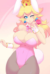Rule 34 | 1girl, animal ears, bare shoulders, blonde hair, blowing kiss, blue eyes, blush, bow, bowtie, breasts, brown pantyhose, bursting breasts, cleavage, collarbone, covered navel, cowboy shot, crankyconstruct, detached collar, dot nose, earrings, eyelashes, fake animal ears, fake tail, fingernails, gradient background, groin, hand up, heart, highres, jewelry, large breasts, leotard, lips, long hair, looking at viewer, mario (series), nail polish, nintendo, one eye closed, open hand, orange background, pantyhose, parted lips, pink background, pink bow, pink bowtie, pink leotard, pink lips, pink nails, playboy bunny, princess peach, puckered lips, rabbit ears, rabbit tail, solo, standing, strapless, strapless leotard, super mario bros. 1, tail, white background, wide hips, wrist cuffs