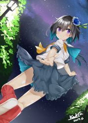 Rule 34 | 1girl, black hair, blue hair, blush, boots, dated, flower, hair flower, hair ornament, hairclip, kavka, lamppost, looking at viewer, multicolored hair, neckerchief, night, night sky, original, purple eyes, red footwear, short hair, short sleeves, signature, sky, smile, solo, star (sky), starry sky, two-sided fabric, two-sided skirt, two-tone hair, yellow neckerchief