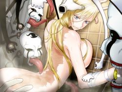 Rule 34 | 1girl, anne beart, blonde hair, blue eyes, breasts, clenched teeth, from behind, game cg, hand on another&#039;s head, huge breasts, imminent rape, liarsoft, long hair, monster, nude, ourai no gahkthun, restrained, scar, scared, shower, steampunk (liarsoft), tears, teeth, wet