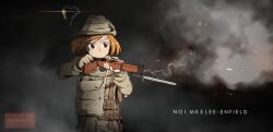 Rule 34 | 1girl, ammunition pouch, australia, bag, bayonet, belt, black background, bolt action, brown bag, brown belt, brown eyes, brown hat, brown pants, brown shirt, bullet, casing ejection, closed mouth, collared shirt, commentary, dark background, english commentary, fatigues, firing, freckles, glint, grey background, gun, gun sling, hat, highres, holding, holding gun, holding weapon, lee-enfield, long sleeves, looking ahead, military, military hat, military uniform, mrxinom, orange hair, original, pants, pocket, pouch, rifle, satchel, shell casing, shirt, short hair, shoulder bag, slouch hat, smoke, smoking gun, soldier, solo, swept bangs, uniform, upper body, weapon, weapon name, world war ii