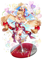 Rule 34 | 1girl, ahoge, animal ears, apple caramel, arm up, balloon, blonde hair, boots, breasts, cleavage, commentary request, confetti, covered navel, detached collar, dress, drum, drumsticks, elbow gloves, epaulettes, flower, gloves, green eyes, hair intakes, hat, hat feather, heart balloon, high heel boots, high heels, highres, holding, holding drumsticks, instrument, knee boots, leg up, long hair, looking at viewer, low-tied long hair, m/, microdress, one eye closed, open mouth, original, outstretched arms, petals, pleated dress, plume, red: pride of eden, red flower, red hat, red ribbon, ribbon, shako cap, smile, solo, strapless, strapless dress, teeth, thigh bow, thigh strap, upper teeth only, very long hair, white flower, white footwear, white gloves, wrist ribbon