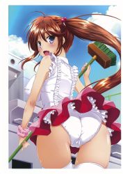 Rule 34 | 1girl, :d, absurdres, ahoge, ass, bare shoulders, blue eyes, blush, breasts, broom, brown hair, cloud, cloudy sky, covered erect nipples, crotch seam, day, fence, frilled shirt collar, frills, from behind, hair bobbles, hair ornament, highres, holding, holding broom, impossible clothes, impossible shirt, izumi mahiru, large breasts, long hair, looking at viewer, looking back, miniskirt, open mouth, original, outdoors, outline, panties, pantyshot, red skirt, scan, shirt, skindentation, skirt, sky, sleeveless, sleeveless shirt, smile, solo, standing, thigh gap, thighhighs, thighs, trefoil, twintails, underwear, white outline, white panties, white shirt, white thighhighs, wind, wind lift, wristband