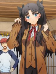 Rule 34 | 1boy, 1girl, akujiki59, artist name, black hair, blue eyes, blush, breasts, closed eyes, collarbone, commentary request, emiya shirou, fate/stay night, fate (series), hand on own hip, homurahara academy school uniform, indoors, long hair, long sleeves, open mouth, orange hair, oversized clothes, school uniform, small breasts, tohsaka rin, tongue, twitter username, watermark