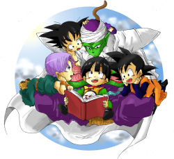 Rule 34 | 1990s (style), 5boys, age difference, aged down, bad id, bad pixiv id, black hair, book, child, colored skin, dragon ball, dragon ball gt, dragonball z, green skin, hotate, hotate (suikaneko), male focus, multiple boys, open book, piccolo, pointy ears, reading, retro artstyle, size difference, son gohan, son goku, son goten, spiked hair, trunks (dragon ball), turban