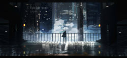 Rule 34 | 1girl, absurdres, artist name, bird, black coat, black legwear, blue hair, building, city, city lights, cityscape, cloud, coat, colored tips, commentary request, facing away, from behind, highres, lifeline (a384079959), long hair, multicolored hair, neon trim, night, original, outdoors, railing, scenery, shadow, solo, standing, upside-down, white hair, wide shot
