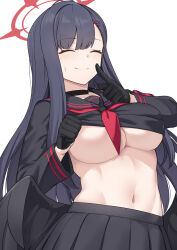 Rule 34 | 1girl, black choker, black gloves, black hair, black sailor collar, black serafuku, black skirt, black wings, blue archive, blush, breasts, choker, closed eyes, closed mouth, clothes lift, feathered wings, gloves, hair ornament, hairclip, halo, ichika (blue archive), large breasts, lifted by self, long hair, long sleeves, low wings, navel, neckerchief, pleated skirt, red halo, red neckerchief, sailor collar, school uniform, serafuku, shiseki hirame, simple background, skirt, solo, underboob, white background, wings