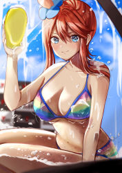 Rule 34 | 1girl, absurdres, against glass, bad id, bad pixiv id, bikini, blue eyes, blue sky, blush, breasts, car, car wash, closed mouth, cloud, collarbone, creatures (company), day, game freak, hair ornament, hair over shoulder, hair scrunchie, highres, holding, large breasts, light smile, long hair, looking at viewer, motor vehicle, multicolored bikini, multicolored clothes, navel, nintendo, on vehicle, pokemon, pokemon bw, pov, rainbow bikini, red hair, sawayaka minami, scrunchie, sitting, sky, skyla (pokemon), soap, soap bubbles, solo, strap gap, swimsuit, tan, thighs, through window, vehicle, washing vehicle, water, water drop, wet