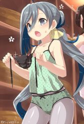 Rule 34 | 10s, 2girls, ?, black panties, blue eyes, bow, bow panties, camisole, green panties, grey hair, hair between eyes, holding, holding clothes, holding panties, holding underwear, kantai collection, kiyoshimo (kancolle), long hair, low twintails, multiple girls, one-hour drawing challenge, open mouth, panties, panties over pantyhose, unworn panties, pantyhose, polka dot, polka dot panties, side-tie panties, torimaru, twintails, twitter username, underwear, untied panties, very long hair, yamato (kancolle)
