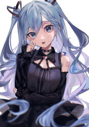 Rule 34 | 1girl, akanbe, arm across waist, arm tattoo, bare shoulders, black dress, black ribbon, blue eyes, blue hair, breasts, choker, cleavage cutout, clothing cutout, curly hair, dangle earrings, detached sleeves, dress, earrings, eyelid pull, eyeshadow, frilled dress, frilled sleeves, frills, gothic lolita, hair between eyes, hatsune miku, heart ribbon, highres, jewelry, lolita fashion, long hair, looking at viewer, makeup, nail polish, piercing, purple eyeshadow, ribbon, simple background, small breasts, solo, spiked choker, spikes, tattoo, tongue, tongue out, tongue piercing, twintails, upper body, user asgj7554, very long hair, vocaloid, white background