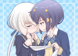 Rule 34 | 2girls, black dress, black hair, blazer, blue eyes, blue jacket, blush, commentary request, dress, embarrassed, face-to-face, hand on another&#039;s chin, jacket, konno junko, long hair, low twintails, mizuno ai, multiple girls, red eyes, school uniform, shirt, short hair, silver hair, smile, studiozombie, sweater, twintails, upper body, white shirt, yellow sweater, yuri, zombie land saga