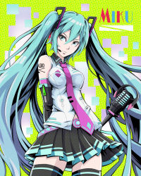 Rule 34 | 1girl, aqua eyes, aqua hair, arms behind back, belt, belt buckle, black skirt, black thighhighs, breasts, buckle, detached sleeves, green background, hair between eyes, hatsune miku, headset, highres, impossible clothes, impossible shirt, long hair, loose belt, medium breasts, microphone, microphone stand, necktie, pink necktie, pleated skirt, polka dot, shirt, shoulder tattoo, skirt, solo, tattoo, thighhighs, to-ru, twintails, very long hair, vocaloid, wireless, zettai ryouiki