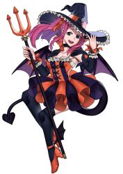 Rule 34 | 1girl, absurdres, black thighhighs, blue eyes, choker, commission, cosplay, demon tail, demon wings, ebinku, elizabeth bathory (fate), elizabeth bathory (halloween caster) (fate), elizabeth bathory (halloween caster) (fate) (cosplay), fate/grand order, fate (series), felicia (fire emblem), fire emblem, fire emblem fates, full body, halloween costume, hat, high heels, highres, holding, long hair, long sleeves, nintendo, open mouth, pink hair, polearm, simple background, solo, tail, thighhighs, trident, weapon, white background, wings, witch hat