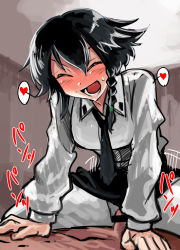 Rule 34 | 10s, 1boy, 1girl, anzio school uniform, black hair, blush, braid, breasts, closed eyes, clothed sex, collar, cowgirl position, girl on top, girls und panzer, heart, hetero, long sleeves, mimuni362, necktie, open mouth, pantyhose, penis, pepperoni (girls und panzer), pov, school uniform, sex, short hair, side braid, skirt, spread legs, straddling