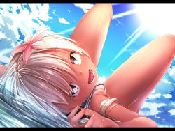 Rule 34 | 10s, 1girl, :d, bad id, bad pixiv id, blue eyes, flower, hair flower, hair ornament, highres, kantai collection, letterboxed, long hair, looking back, lying, on back, open mouth, rerrere, ro-500 (kancolle), smile, solo, sun, water, white hair