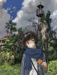 Rule 34 | 1girl, absurdres, black hair, blue flower, blue neckwear, blue scarf, bob cut, cardigan, cloud, cloudy sky, commentary, dress shirt, flower, foliage, grass, grey cardigan, head tilt, highres, holding, holding flower, house, huge filesize, looking at viewer, mask, minahamu, mouth mask, open cardigan, open clothes, orange flower, original, palm tree, power lines, scarf, school uniform, shirt, short hair, sky, solo, strap, swept bangs, thick eyebrows, tower, tree, upper body, white shirt
