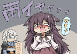 Rule 34 | 1boy, 1girl, 4koma, ahoge, animal ears, blush, brown hair, comic, commentary, crying, crying with eyes open, fang, frilled sleeves, frills, glasses, hidefu kitayan, highres, imaizumi kagerou, japanese clothes, kimono, long hair, long sleeves, looking at viewer, morichika rinnosuke, no mouth, nose blush, o o, opaque glasses, open mouth, red brooch, red skirt, semi-rimless eyewear, shirt, short hair, sketch, skirt, tail, tears, touhou, translated, two-tone background, very long hair, wet, wet clothes, wet hair, wet shirt, white hair, white shirt, wide sleeves, wolf ears, wolf girl, wolf tail