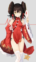 Rule 34 | 1girl, absurdres, bad id, bad pixiv id, bare shoulders, black hair, black panties, blush, breasts, china dress, chinese clothes, commentary request, covered navel, detached sleeves, dress, feet out of frame, girls&#039; frontline, grin, groin, hair ribbon, hand fan, hand up, highres, holding, holding fan, long hair, long sleeves, looking at viewer, official alternate costume, one eye closed, panties, pelvic curtain, qianqiu wanxia, red ribbon, ribbon, side-tie panties, side slit, sidelocks, sleeves past fingers, sleeves past wrists, small breasts, smile, solo, star (symbol), teeth, thighhighs, thighs, type 97 (girls&#039; frontline), type 97 (peony) (girls&#039; frontline), underwear, v-shaped eyebrows, white thighhighs, wide sleeves, yellow eyes