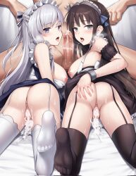 Rule 34 | 1boy, 2girls, after vaginal, aftersex, anus, arm garter, ass, azur lane, belfast (azur lane), black dress, black thighhighs, blue dress, blue eyes, blue ribbon, blush, bow, braid, breasts, breasts out, breath, brown hair, censored, clothed female nude male, clothes lift, commentary, commission, cuffs, cum, cum in mouth, cum in pussy, cum on penis, cum string, cumdrip, dress, dress lift, erection, ffm threesome, foot out of frame, french braid, from behind, garter straps, green eyes, grey hair, group sex, hair ribbon, hand on own ass, henria, highres, large breasts, long hair, looking at viewer, looking back, lying, maid, maid headdress, mosaic censoring, multiple girls, newcastle (azur lane), nipples, no panties, nude, on stomach, open mouth, pussy, ribbon, shackles, skeb commission, sleeveless, sleeveless dress, soles, striped, striped bow, sweat, thighhighs, threesome, tongue, tongue out, white bow, white thighhighs