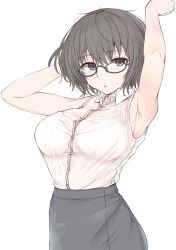 Rule 34 | 1girl, armpits, arms up, black eyes, black hair, blush, bra, breasts, commentary request, glasses, highres, large breasts, looking at viewer, makabe gorou, messy hair, mole, mole under eye, open mouth, original, pencil skirt, see-through, shirt, short hair, skirt, sleeveless, sleeveless shirt, solo, sweat, underwear, white bra