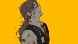 Rule 34 | 1boy, absurdres, blood, brown hair, clock head, facial hair, glasses, gregor (project moon), highres, limbus company, male focus, necktie, ponytail, project moon, shirt, solo, stubble, vest, white shirt, yellow background, yellow eyes