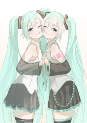2girls, absurdres, arm tattoo, azusa (azunyan12), bangs, black skirt, blue eyes, boots, breasts, detached sleeves, dual persona, eyebrows behind hair, gradient, gradient background, hair between eyes, hand holding, hatsune miku, hatsune miku (nt), highres, long hair, looking at viewer, looking to the side, multiple girls, one eye closed, skirt, small breasts, smile, tattoo, thigh boots, thighhighs, twintails, very long hair, vocaloid