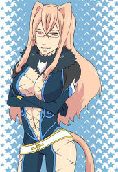Rule 34 | 1girl, blue background, bodysuit, breasts, brown hair, cat tail, elbow gloves, glasses, gloves, long hair, presa (tales), red eyes, smile, star (symbol), tail, tales of (series), tales of xillia